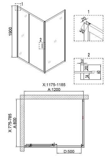 Душевой уголок Niagara NG-6612-08 (120x80x190) прямоугольник двери раздвижные 66120812 Душевой уголок Niagara NG-6612-08 (120x80x190) прямоугольник двери раздвижные 66120812