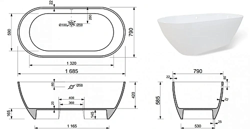 Ванна из искусственного камня Эстет Майами 1680х785 ФР-00003615 Ванна из искусственного камня Эстет Майами 1680х785 ФР-00003615
