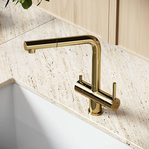 Смеситель для кухни SANCOS Spin SC4015ZG с вытяжным изливом, c краном для фильтрованной воды полированное золото Смеситель для кухни SANCOS Spin SC4015ZG с вытяжным изливом, c краном для фильтрованной воды полированное золото