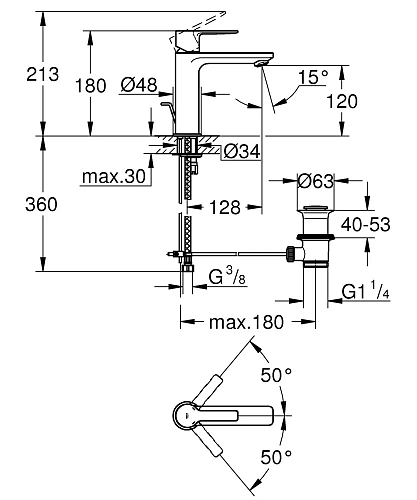 Смеситель для раковины GROHE Lineare New со сливным гарнитуром, S-Size, темный графит матовый (32114 32114AL1 Смеситель для раковины GROHE Lineare New со сливным гарнитуром, S-Size, темный графит матовый (32114 32114AL1