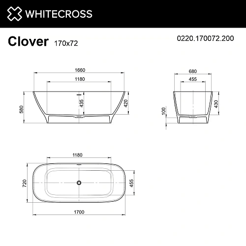 Ванна из искусственного камня WHITECROSS Clover 170x72 белый матовый Ванна из искусственного камня WHITECROSS Clover 170x72 белый матовый