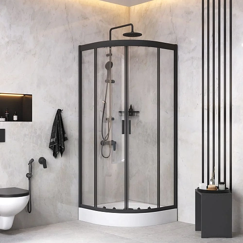 Душевой уголок AM.PM Gem 80x80 WK90EM с душевой системой и аксессуарами, профиль черный матовый, стекло прозрачное Душевой уголок AM.PM Gem 80x80 WK90EM с душевой системой и аксессуарами, профиль черный матовый, стекло прозрачное