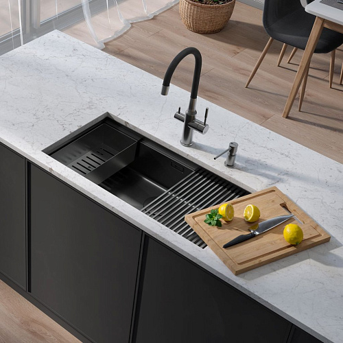 Кухонная мойка Lemark TABAGA 820 из нержавеющей стали с аксессуарами в комплекте: ролл-мат, коландер, разделочная доска, графит 9936135 Кухонная мойка Lemark TABAGA 820 из нержавеющей стали с аксессуарами в комплекте: ролл-мат, коландер, разделочная доска, графит 9936135