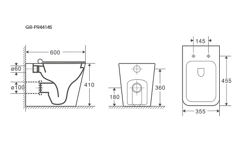 Унитаз приставной GROSSMAN GR-PR4414S 600x355x410 белый безободковый с тонкой крышкой Унитаз приставной GROSSMAN GR-PR4414S 600x355x410 белый безободковый с тонкой крышкой