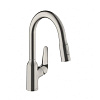 Картинка анонса товара «смеситель для кухни hansgrohe 180, с вытяжным душем, 2jet 71801800, под сталь»