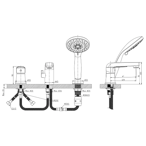 Смеситель на борт ванны Rossinka S35-39 на 3 отверстия Смеситель на борт ванны Rossinka S35-39 на 3 отверстия