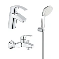 Комплект смесителей GROHE Eurosmart New смесители для ванны и раковины, душевой набор (123582) Комплект смесителей GROHE Eurosmart New смесители для ванны и раковины, душевой набор (123582)
