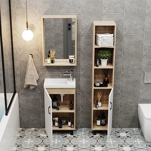 Тумба под раковину Onika Тимбер 45 см 104508 напольная, белая мат./дуб сонома (для Фостер 45) Тумба под раковину Onika Тимбер 45 см 104508 напольная, белая мат./дуб сонома (для Фостер 45)