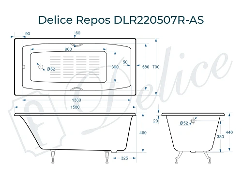 Ванна чугунная Delice Repos 150х70 DLR220507RB-AS с черными матовыми ручками и антискользящим покрытием Ванна чугунная Delice Repos 150х70 DLR220507RB-AS с черными матовыми ручками и антискользящим покрытием