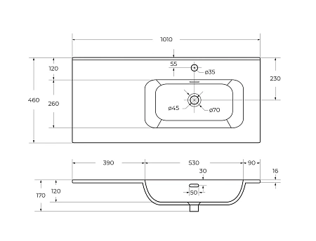 Раковина CEZARES CZR-8095-100-R белый 1010x460 керамика Раковина CEZARES CZR-8095-100-R белый 1010x460 керамика