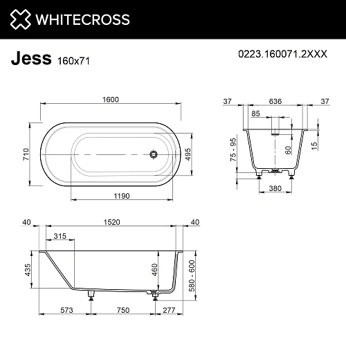 Ванна из искусственного камня WHITECROSS Jess 160x71 RAL матовый 0223.160071.2XXXX Ванна из искусственного камня WHITECROSS Jess 160x71 RAL матовый 0223.160071.2XXXX