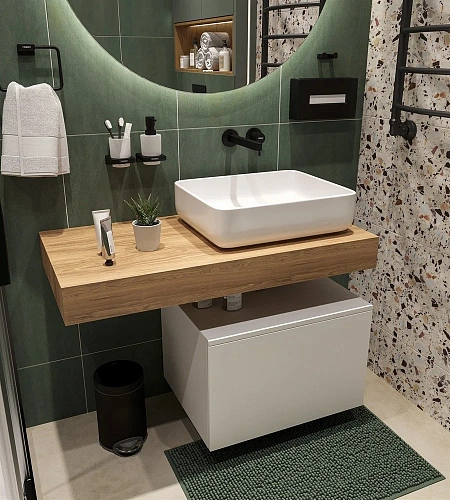 Столешница STWORKI Ольборг 100 дуб французский, без отверстий, с тумбой 60, с раковиной STWORKI Soul 489129 Столешница STWORKI Ольборг 100 дуб французский, без отверстий, с тумбой 60, с раковиной STWORKI Soul 489129