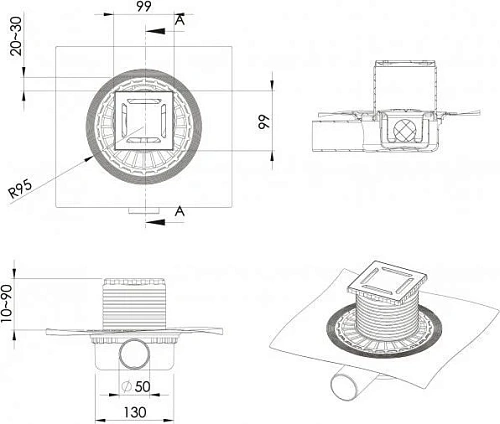 Душевой трап BERGES ZENTRUM Norma 100х100, золото глянец, выпуск D50 H65 боковой 092362 Душевой трап BERGES ZENTRUM Norma 100х100, золото глянец, выпуск D50 H65 боковой 092362