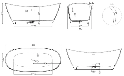 Ванна отдельностоящая Salini NOEMI 185x81 101811SM из искусственого камня S-Stone Ванна отдельностоящая Salini NOEMI 185x81 101811SM из искусственого камня S-Stone
