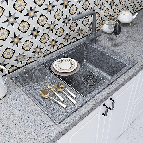 Кухонная мойка Aquaton Делия 78 1A715132DE230 из литого мрамора, прямоугольная, с крылом серая Кухонная мойка Aquaton Делия 78 1A715132DE230 из литого мрамора, прямоугольная, с крылом серая