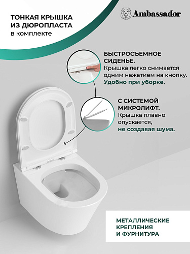 Унитаз подвесной Ambassador Ritz 233K19003RS (530x360x350) безободковый с сиденьем Унитаз подвесной Ambassador Ritz 233K19003RS (530x360x350) безободковый с сиденьем