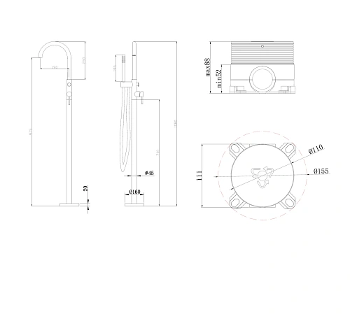 Смеситель для ванны ABBER Wasser Kreis AF8115BN напольный, черный матовый Смеситель для ванны ABBER Wasser Kreis AF8115BN напольный, черный матовый