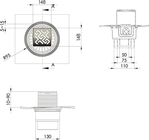 Душевой трап BERGES ZENTRUM Antik 150х150, хром глянец, выпуск D50/75/110 H74 вертикальный 091465 Душевой трап BERGES ZENTRUM Antik 150х150, хром глянец, выпуск D50/75/110 H74 вертикальный 091465