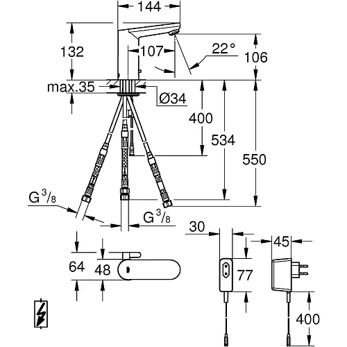 Смеситель для раковины GROHE Eurosmart Cosmopolitan E (220 В), хром (36324001) инфракрасный Смеситель для раковины GROHE Eurosmart Cosmopolitan E (220 В), хром (36324001) инфракрасный