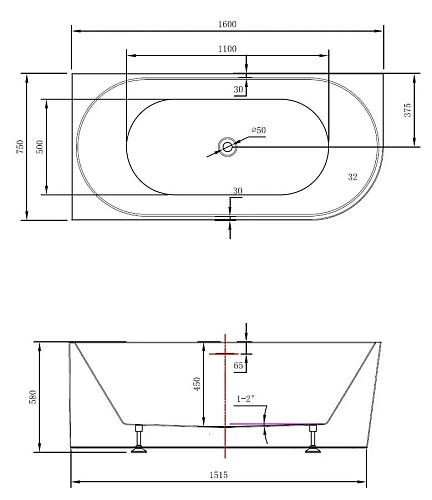 Акриловая ванна Vincea VBT-402-1600L 1600x750x580, белая, левая, щелевой перелив Акриловая ванна Vincea VBT-402-1600L 1600x750x580, белая, левая, щелевой перелив