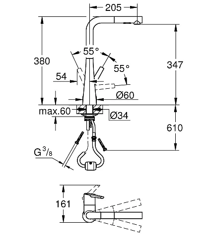Смеситель для кухни GROHE Scala с выдвижной лейкой с 2 режимами струи, L-образный излив, суперсталь 30441DC0 Смеситель для кухни GROHE Scala с выдвижной лейкой с 2 режимами струи, L-образный излив, суперсталь 30441DC0