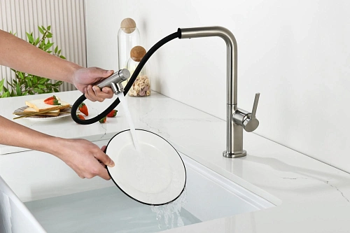 Смеситель для кухни AQUAme Cucina AQM9903BN с выдвижным изливом, с подключением к фильтру с питьевой водой, никель шлифованный Смеситель для кухни AQUAme Cucina AQM9903BN с выдвижным изливом, с подключением к фильтру с питьевой водой, никель шлифованный