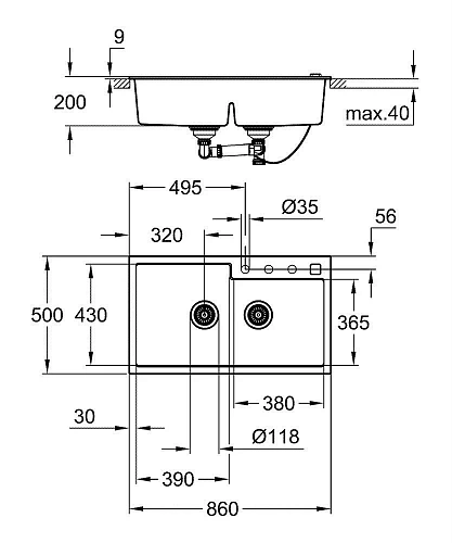 Кухонная мойка GROHE K500 с 2 чашами, 860 x 500 мм, серый гранит (31649AT0) Кухонная мойка GROHE K500 с 2 чашами, 860 x 500 мм, серый гранит (31649AT0)