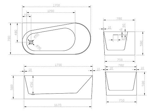 Акриловая ванна ABBER AB9496-1.7 L 170x78 левосторонняя, белая Акриловая ванна ABBER AB9496-1.7 L 170x78 левосторонняя, белая