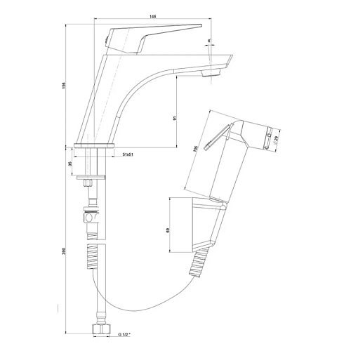 Смеситель для раковины Paini Torre 98CR205/574 с гигиеническим душем Смеситель для раковины Paini Torre 98CR205/574 с гигиеническим душем