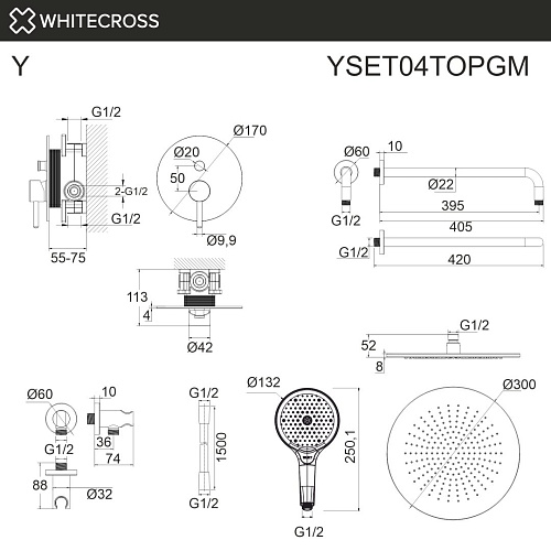Душевая система WHITECROSS Y YSET04TOPGM скрытого монтажа, оружейная сталь Душевая система WHITECROSS Y YSET04TOPGM скрытого монтажа, оружейная сталь
