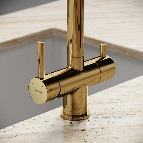 Смеситель для кухни SANCOS Spin SC4015ZG с вытяжным изливом, c краном для фильтрованной воды полированное золото Смеситель для кухни SANCOS Spin SC4015ZG с вытяжным изливом, c краном для фильтрованной воды полированное золото