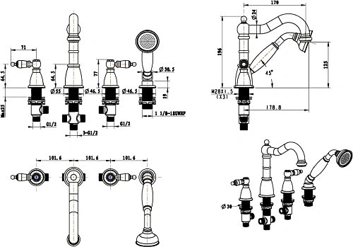 Смеситель на борт ванны Boheme ROYAL 391-Royal 4 отверстия, бронза Смеситель на борт ванны Boheme ROYAL 391-Royal 4 отверстия, бронза