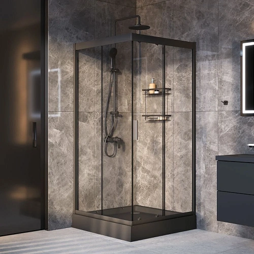 Душевой уголок AM.PM Gem 90x90 WK90EO с душевой системой и аксессуарами, профиль черный матовый, стекло прозрачное Душевой уголок AM.PM Gem 90x90 WK90EO с душевой системой и аксессуарами, профиль черный матовый, стекло прозрачное