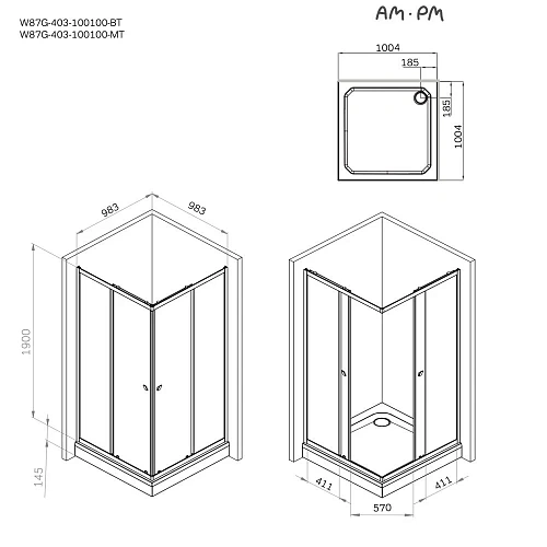 Душевой уголок AM.PM Sunny W87G-403-100100-MT 100x100 серебро, стекло прозрачное Душевой уголок AM.PM Sunny W87G-403-100100-MT 100x100 серебро, стекло прозрачное