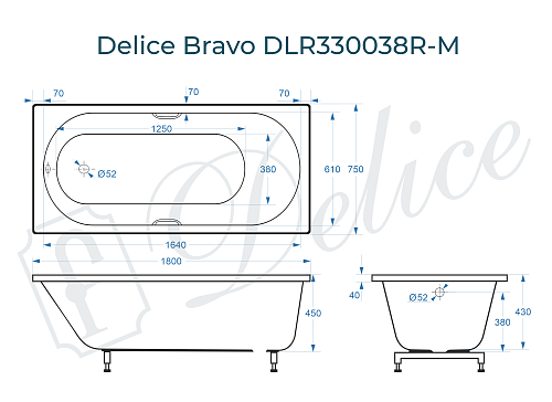 Ванна из искусственного камня Delice Bravo 180х75 DLR330038R-M с ручками хром, матовая Ванна из искусственного камня Delice Bravo 180х75 DLR330038R-M с ручками хром, матовая