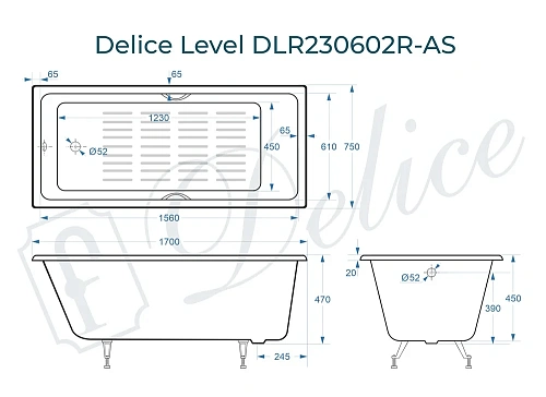 Ванна чугунная Delice Level 1700х750 с отверстиями под ручки и антискользящим покрытием DLR23 DLR230602R-AS Ванна чугунная Delice Level 1700х750 с отверстиями под ручки и антискользящим покрытием DLR23 DLR230602R-AS