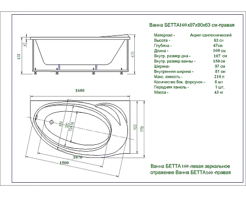Акриловая ванна Aquatek Бетта 160x97 асимметричная, правая, с каркасом BET160-0000078 Акриловая ванна Aquatek Бетта 160x97 асимметричная, правая, с каркасом BET160-0000078