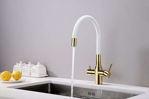 Смеситель для кухни Paulmark Salix золото белый шланг Sa213419-Gw Смеситель для кухни Paulmark Salix золото белый шланг Sa213419-Gw
