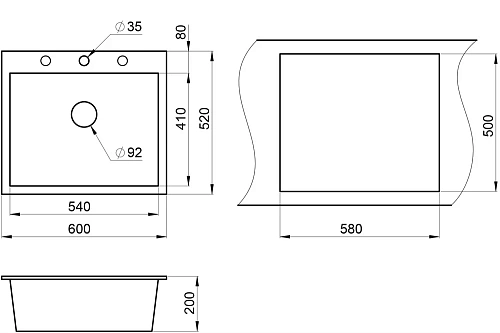 Кухонная мойка Granula 6001, ЧЁРНЫЙ, кварц 600х520 Кухонная мойка Granula 6001, ЧЁРНЫЙ, кварц 600х520