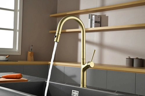 Смеситель для кухни AQUAme Cucina AQM9905BG с выдвижным изливом, с подключением к фильтру с питьевой водой, золото шлифованное Смеситель для кухни AQUAme Cucina AQM9905BG с выдвижным изливом, с подключением к фильтру с питьевой водой, золото шлифованное