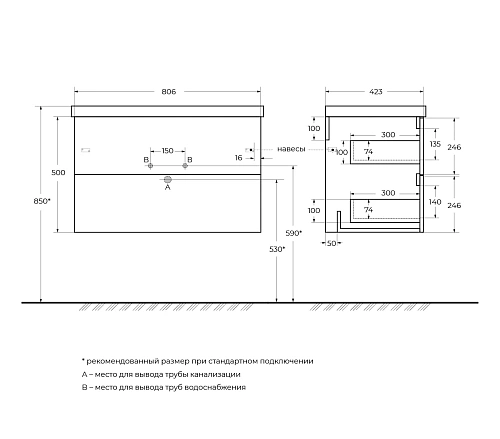Тумба под раковину BelBagno DUE-800-2C-SO-GM-P подвесная, оружейная сталь, 800x422x500 Тумба под раковину BelBagno DUE-800-2C-SO-GM-P подвесная, оружейная сталь, 800x422x500