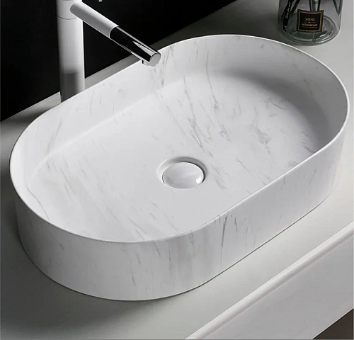 Раковина Ceruttispa CR0055B MMW1 500х350х120 накладная, мрамор матовый белый, овальная Раковина Ceruttispa CR0055B MMW1 500х350х120 накладная, мрамор матовый белый, овальная