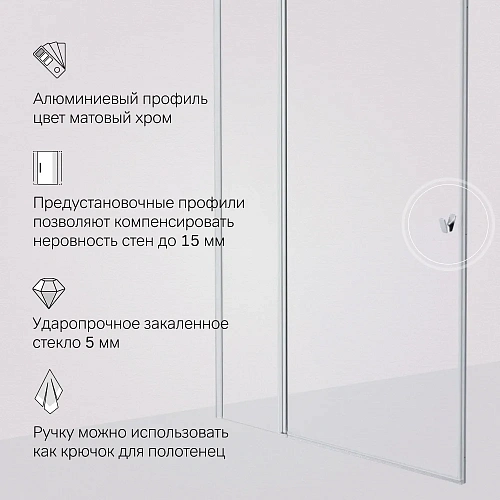 Душевая дверь AM.PM Sunny W87G-120-1P-MT распашная 120x190 профиль серебро, стекло прозрачное Душевая дверь AM.PM Sunny W87G-120-1P-MT распашная 120x190 профиль серебро, стекло прозрачное