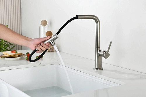 Смеситель для кухни AQUAme Cucina AQM9903BN с выдвижным изливом, с подключением к фильтру с питьевой водой, никель шлифованный Смеситель для кухни AQUAme Cucina AQM9903BN с выдвижным изливом, с подключением к фильтру с питьевой водой, никель шлифованный