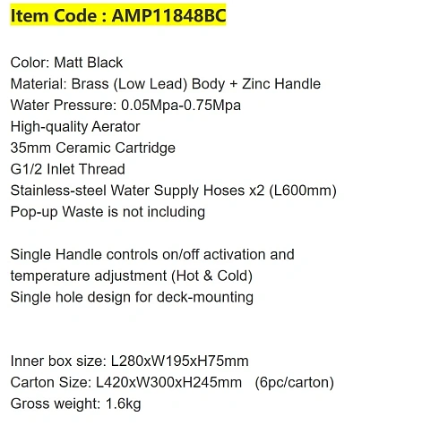 Смеситель для раковины ARROW AMP11848BC черный Смеситель для раковины ARROW AMP11848BC черный