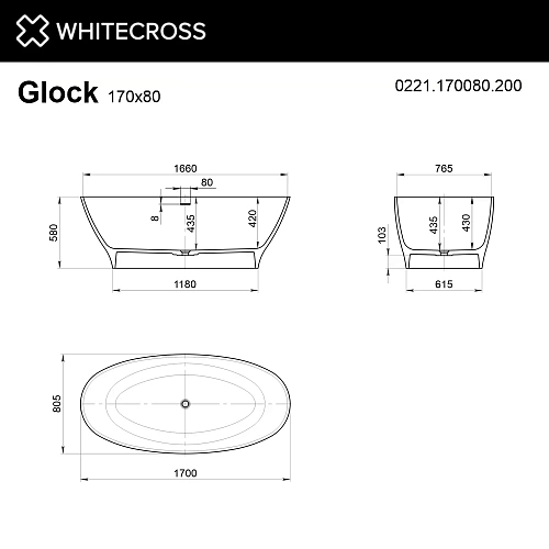 Ванна из искусственного камня WHITECROSS Glock 170x80 белый матовый Ванна из искусственного камня WHITECROSS Glock 170x80 белый матовый