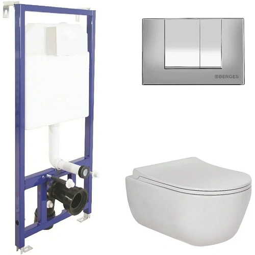Комплект унитаза BERGES EGO Rimless с инсталляцией NOVUM525, кнопка S3 хром глянец, сидение микролиф 047243 Комплект унитаза BERGES EGO Rimless с инсталляцией NOVUM525, кнопка S3 хром глянец, сидение микролиф 047243