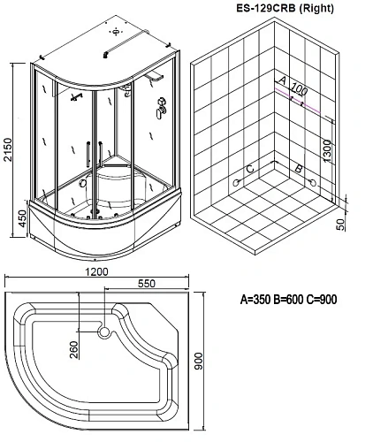 Душевая кабина Esbano ELEGANCIA (ESKB129CRBR) полукруглая с крышей и высоким поддоном EST-129CRB R120x90x210cм Душевая кабина Esbano ELEGANCIA (ESKB129CRBR) полукруглая с крышей и высоким поддоном EST-129CRB R120x90x210cм