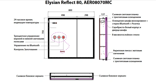 Зеркальный шкаф ArtDecco Elysian Reflect 80 AER08070MC в алюминиевой раме, с подсветкой Зеркальный шкаф ArtDecco Elysian Reflect 80 AER08070MC в алюминиевой раме, с подсветкой