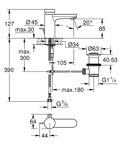 Смеситель для раковины GROHE Eurosmart Cosmopolitan T с донным клапаном, хром (36318000) Смеситель для раковины GROHE Eurosmart Cosmopolitan T с донным клапаном, хром (36318000)